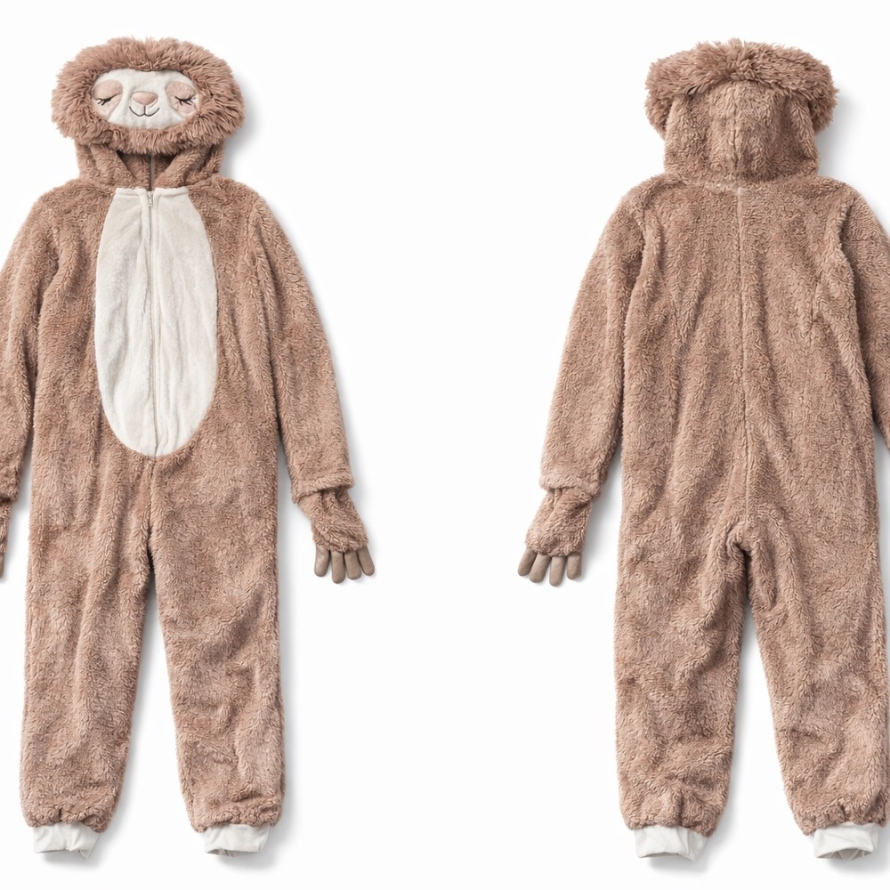 Adult Plush Sloth Onesie Pajamas in Light Brown with Cream Belly